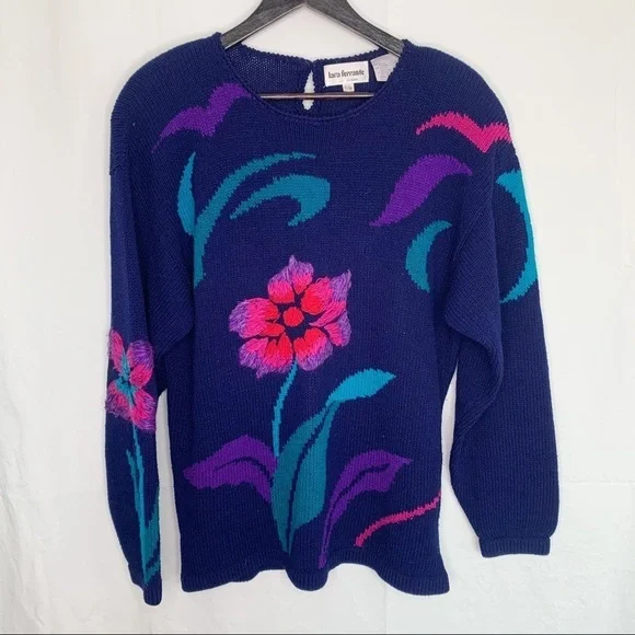VINTAGE Lara Ferrante Floral Embroidered Purple Angora Blend Sweater - Picture 2 of 16